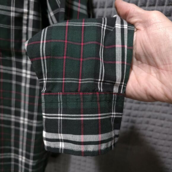 Button Long Sleeve Collared Shirt Mens Lg Green Plaid Holiday Lightweight Logo - Picture 10 of 16